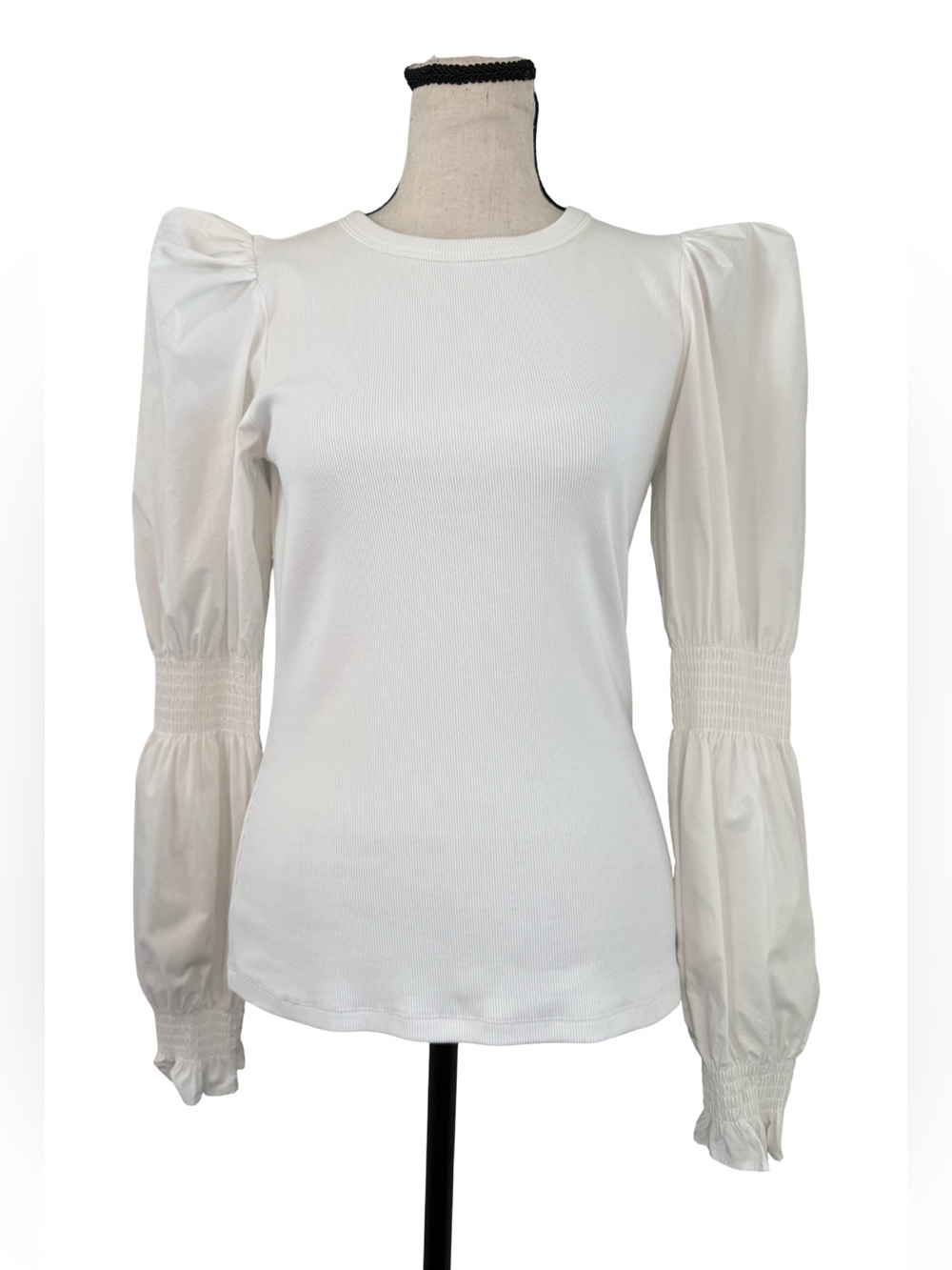 Veronica Beard Jeans White Puff Sleeve Ribbed Top Cotton Blend XS